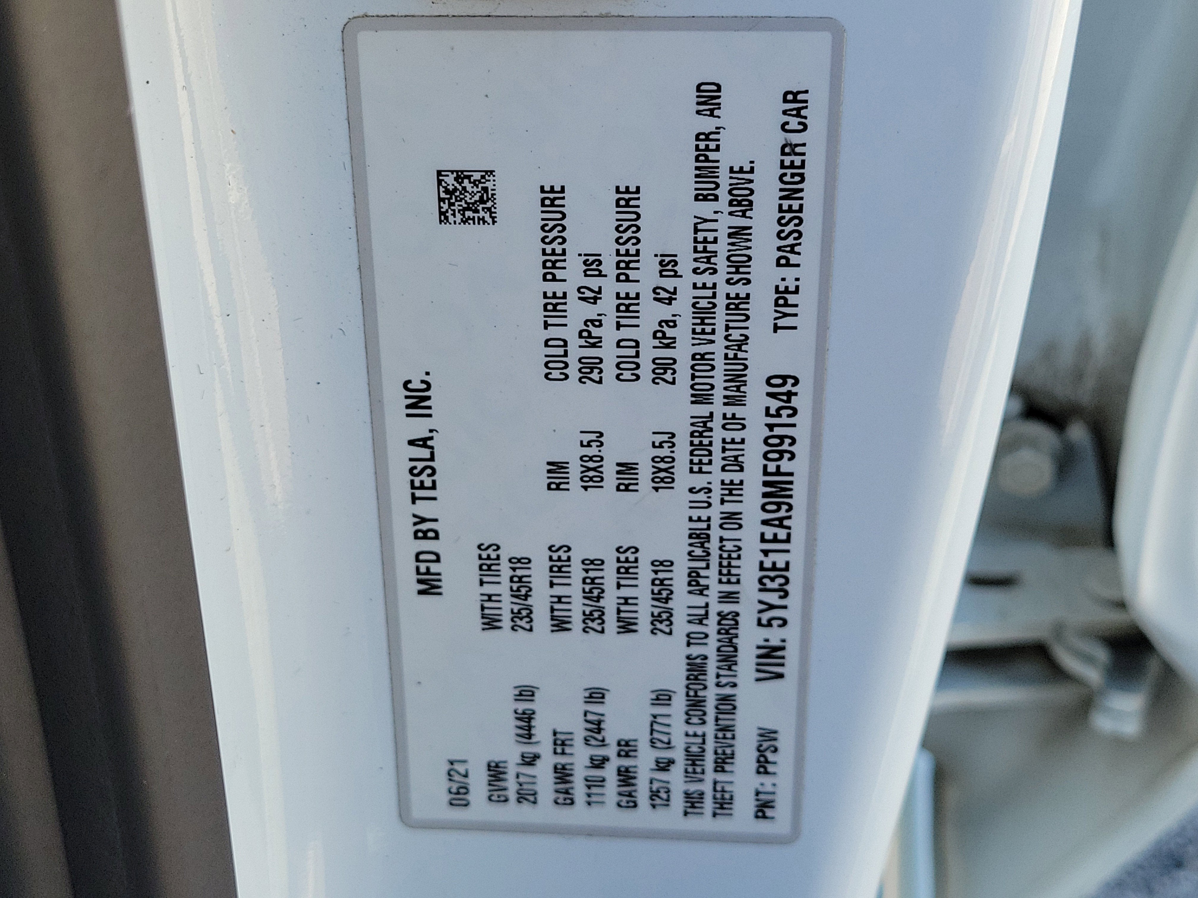 2021 Tesla Model 3 Standard Range Plus